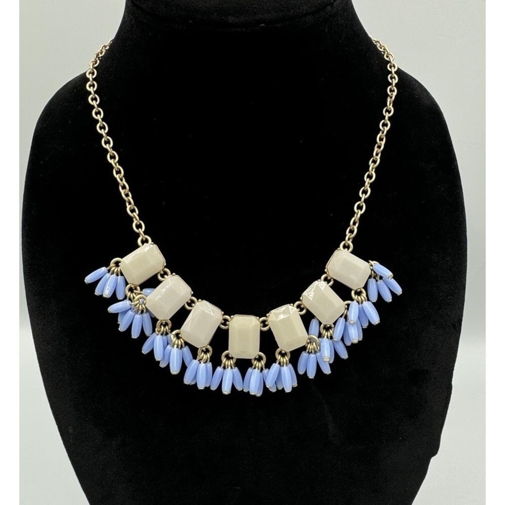 J Crew Vintage Gold Tone Gray Faceted Rhinestones Blue Beads Statement Necklace